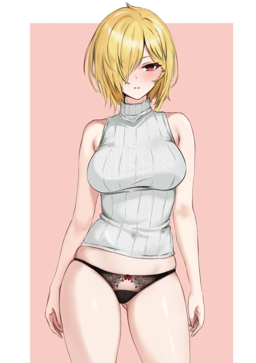 1girl, absurdres, alternate_hairstyle, armpit_crease, bare_shoulders, black_panties, blush, breasts