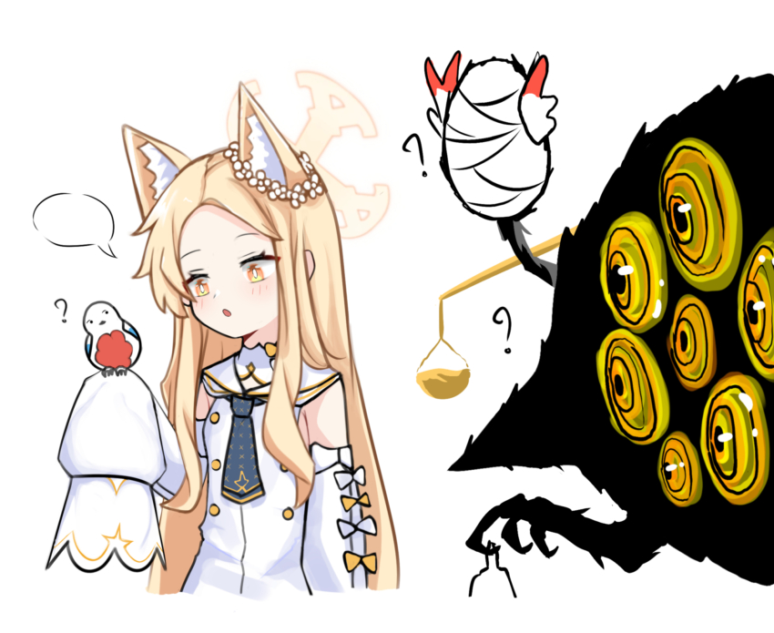 1girl, :o, ?, animal_ear_fluff, animal_ears, armpit_crease, balance_scale, big_bird_(project_moon)