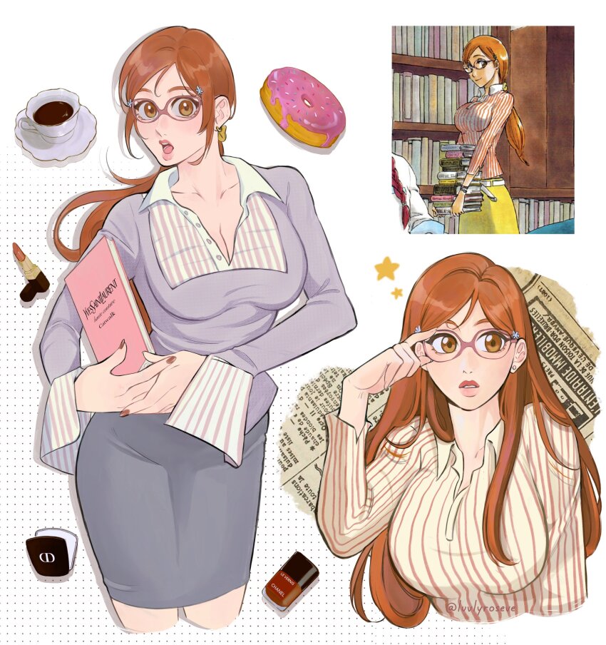 1girl, absurdres, bleach, book, breasts, brown_eyes, brown_hair, brown_nails