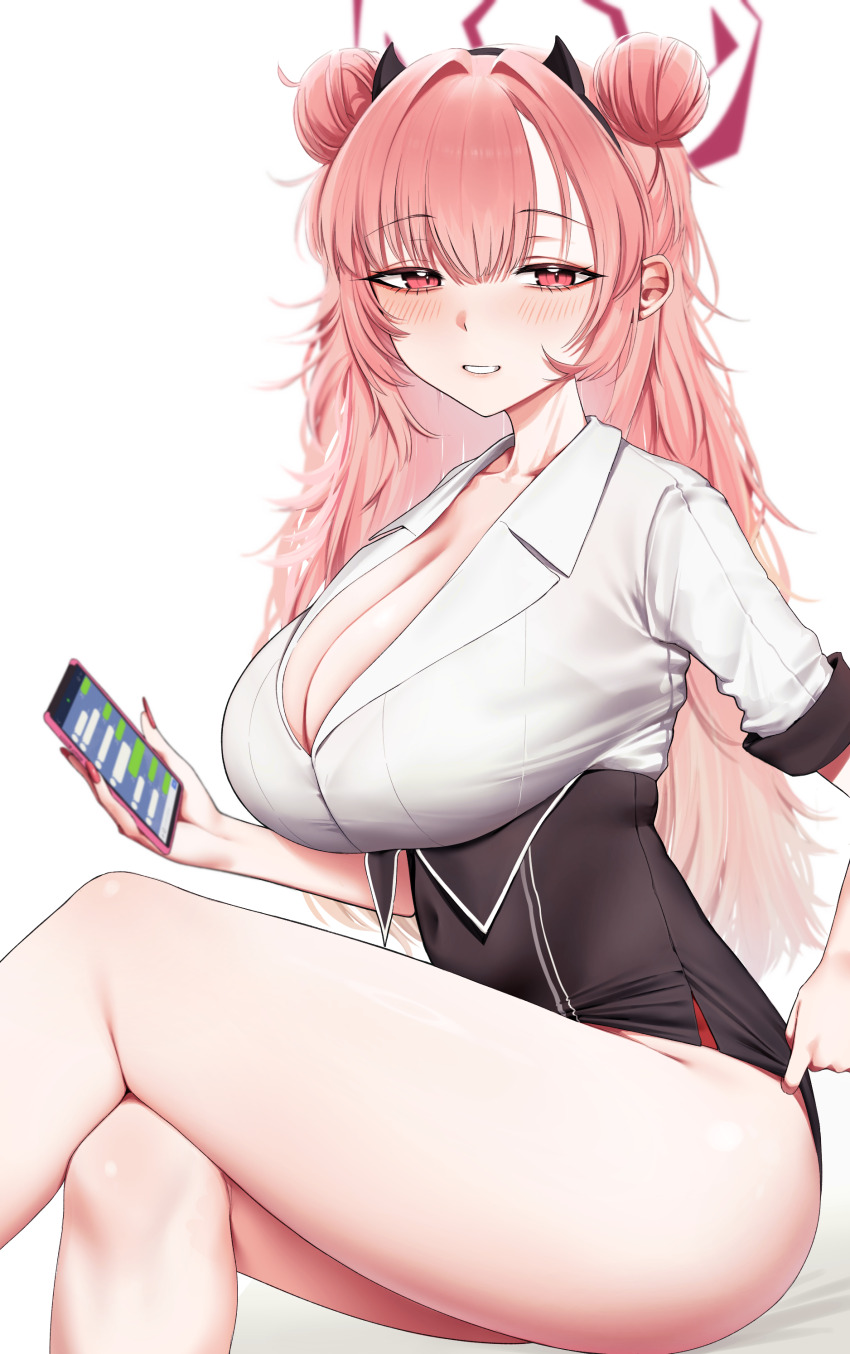 1girl, absurdres, black_skirt, blue_archive, blush, breasts, cellphone, cleavage