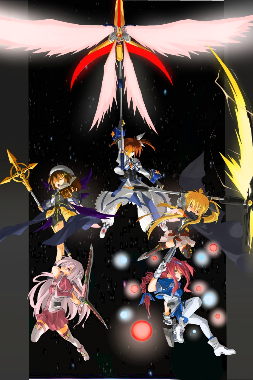 5girls, absurdres, amitie_florian, bardiche_(nanoha), bardiche_(scythe_form)_(nanoha), black_background, bygddd5, dual_wielding