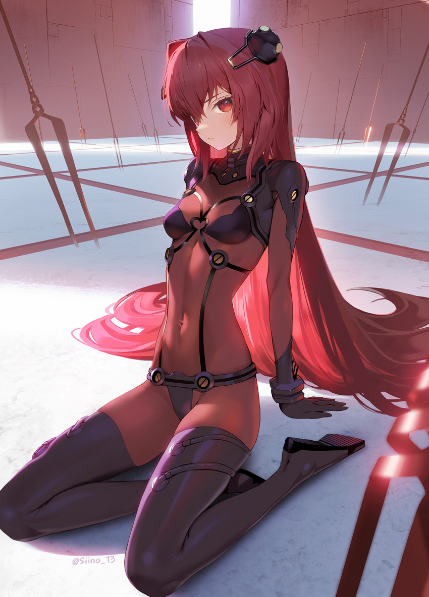 1girl, adapted_costume, aged_down, arm_support, bident, bodysuit, breasts, cosplay