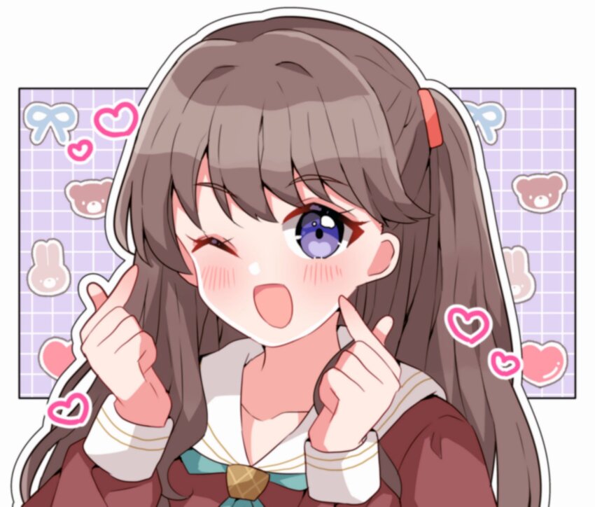 1girl, ;d, ametan_(meteo_impact), aqua_neckerchief, blush, border, brown_dress, brown_hair