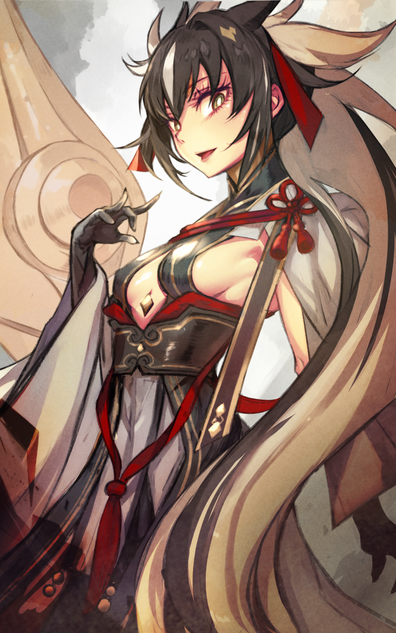 1girl, armor, bare_shoulders, black_gloves, black_hair, black_shirt, black_skirt, breasts