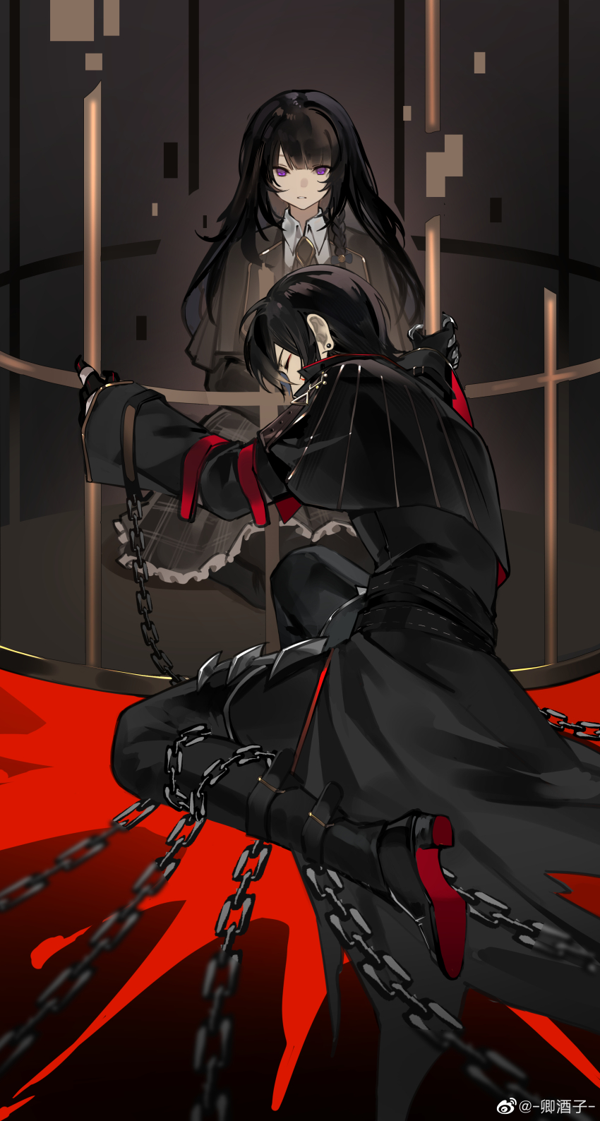 1boy, 1girl, absurdres, ambiguous_red_liquid, ayn_alwyn, ayn_alwyn_(mist_city), birdcage, black_capelet