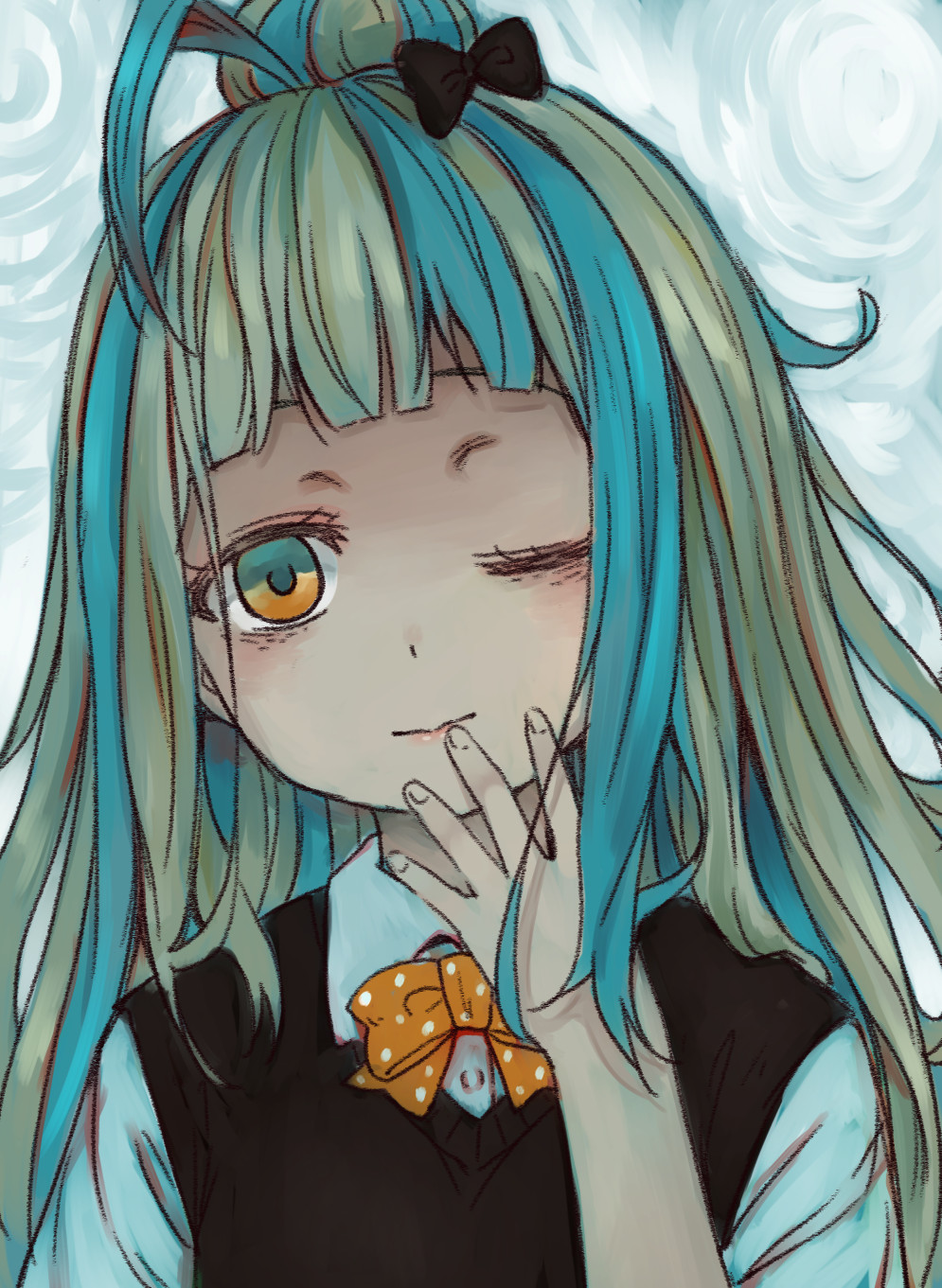 1girl, ahoge, blue_hair, bow, bowtie, broiler, collared_shirt, grey_hair