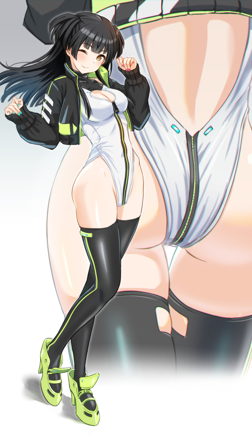 1girl, alice_gear_aegis, ass, ass_focus, black_hair, black_jacket, black_thighhighs, blunt_bangs, brown_eyes, circle_cutout, cleavage_cutout, clothing_cutout, companion/af, covered_collarbone, front_zipper, full-length_zipper, full_body, head_out_of_frame, heattech_leotard, highleg, highleg_leotard, highres, idolmaster, idolmaster_shiny_colors, jacket, leotard, long_hair, looking_at_viewer, lowlegist, mayuzumi_fuyuko, multicolored_leotard, multiple_views, one_eye_closed, race_queen, sleeveless_turtleneck_leotard, thigh_gap, thighhighs, turtleneck, two-tone_leotard, two_side_up, white_leotard, zipper, zipper_leotard, zipper_pull_tab