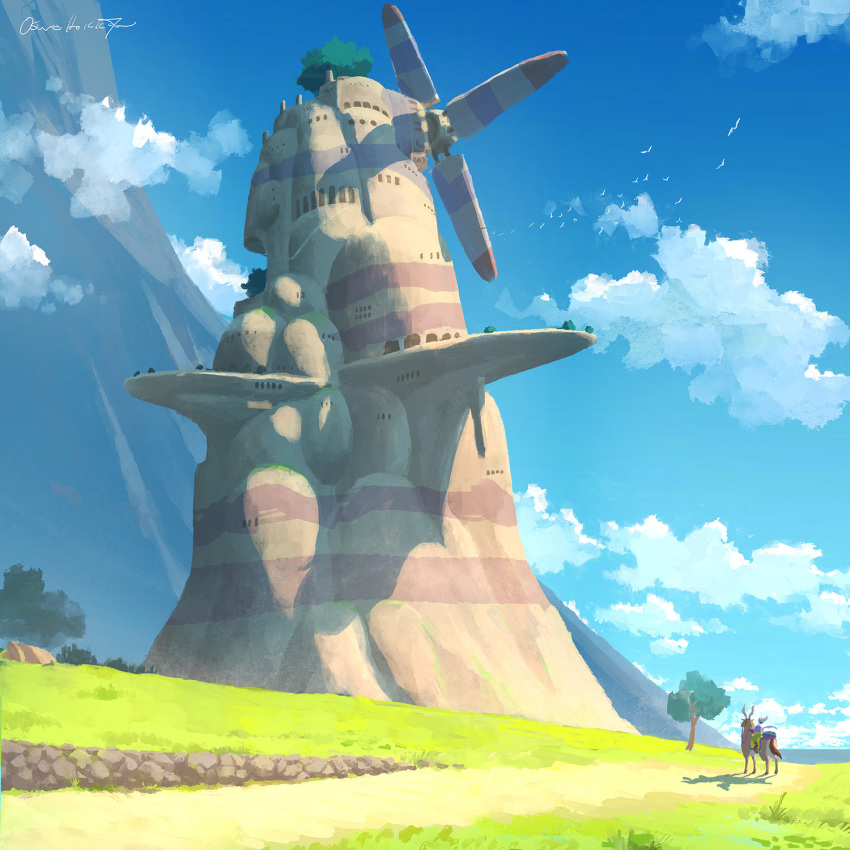 1boy, animal, artist_name, blue_sky, cloud, day, fantasy, highres