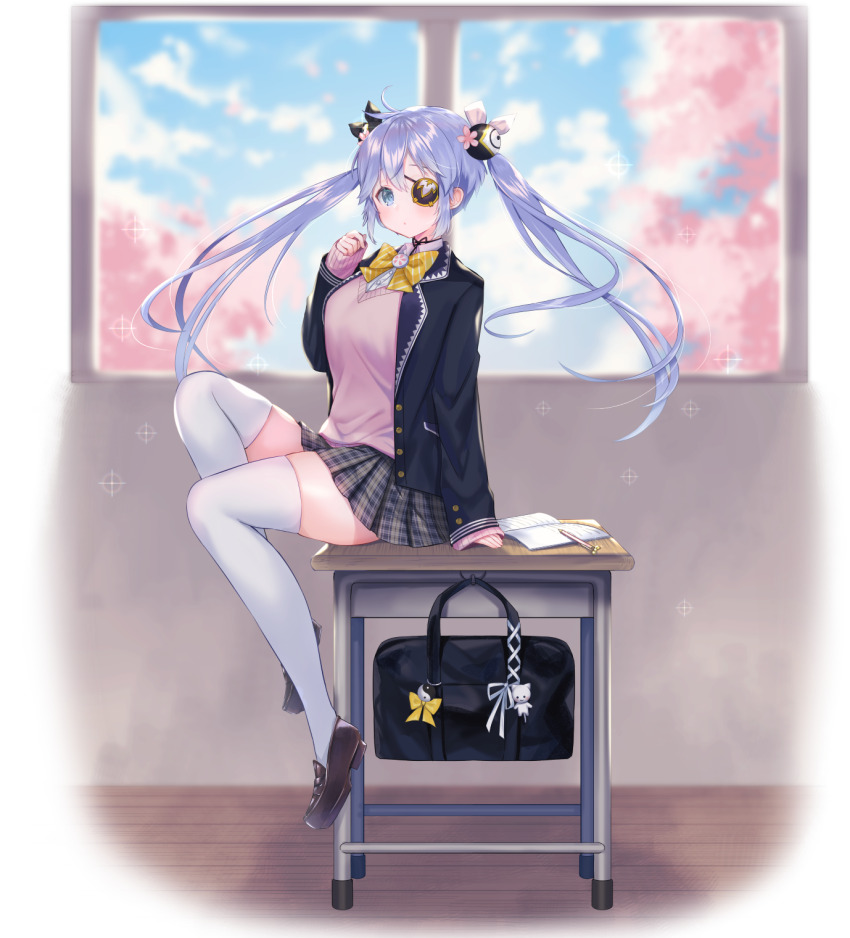 alternate_costume, animal_charm, aqua_eyes, aqua_hair, aqua_sky, artist_request, bag, black_collar