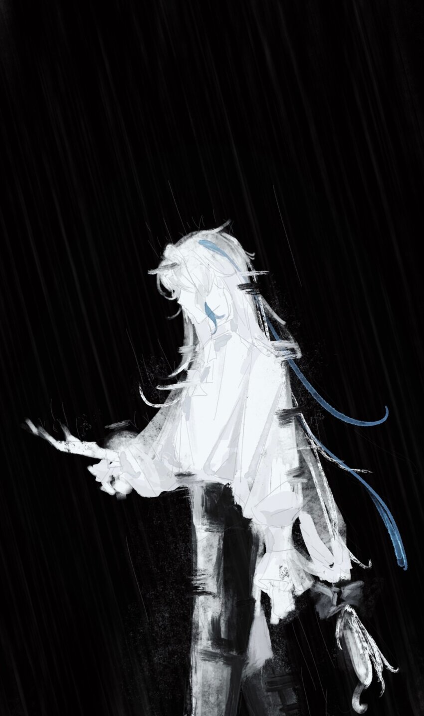 1boy, arm_at_side, black_background, black_bow, black_pants, blue_hair, bow, closed_mouth