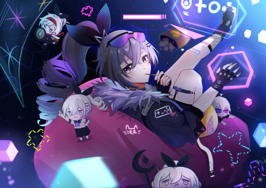1girl, absurdres, bandaid, bandaid_on_leg, bean_bag_chair, black_bow, black_gloves, black_jacket, bow, chibi, commentary, crossed_bangs, drill_hair, drill_ponytail, eating, english_commentary, fingerless_gloves, fishnets, food, foot_up, from_behind, fur-trimmed_jacket, fur_trim, gloves, goggles, goggles_on_head, grey_eyes, grey_hair, hair_between_eyes, hair_bow, hair_ornament, hairclip, highres, holding, holding_food, holding_pocky, holographic_interface, homu_(honkai_impact), honkai:_star_rail, honkai_(series), honkai_impact_3rd, jacket, legitrebelrose, looking_at_viewer, pocky, sidelocks, silver_wolf_(honkai:_star_rail), sitting, solo, thigh_strap, tinted_eyewear
