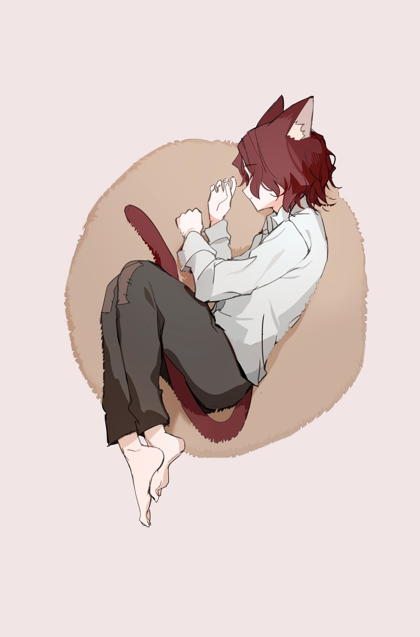 1boy, animal_ears, barefoot, bazhua, between_legs, black_pants, cat_boy, cat_ears