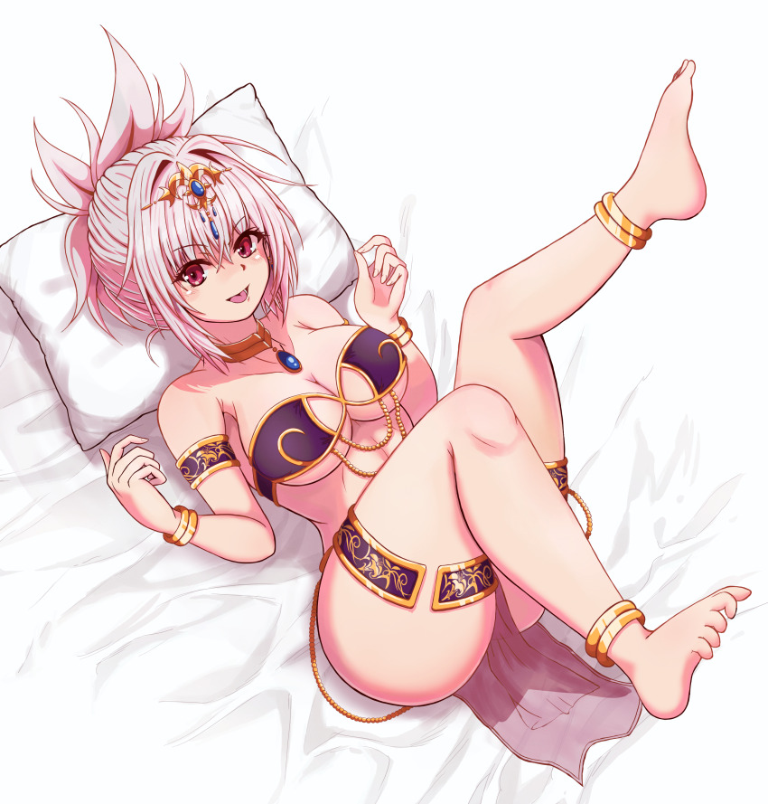 1girl, absurdres, anklet, armlet, ayakashi_triangle, barefoot, bed, big_kapipara, blush, bracelet, breasts, cleavage, crossed_bangs, dancer, genderswap, genderswap_(mtf), hair_between_eyes, harem_outfit, highres, jewelry, kazamaki_matsuri, kazamaki_matsuri_(female), large_breasts, open_mouth, pillow, red_eyes, solo, underboob