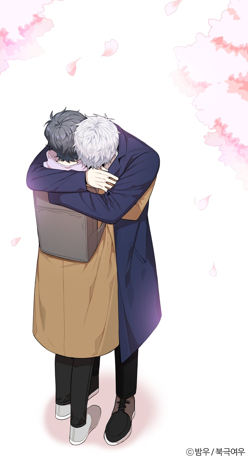 2boys, backpack, bag, black_footwear, black_hair, brown_coat, cherry_blossoms, cherry_blossoms_after_winter