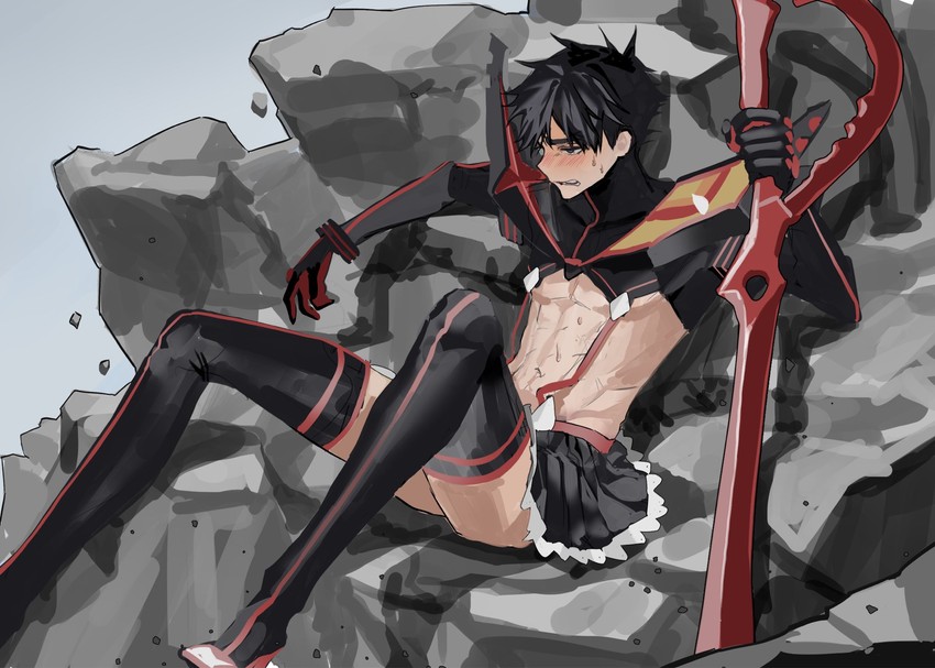 1boy, abs, bad_id, bad_twitter_id, black_boots, black_eyes, black_hair, black_skirt