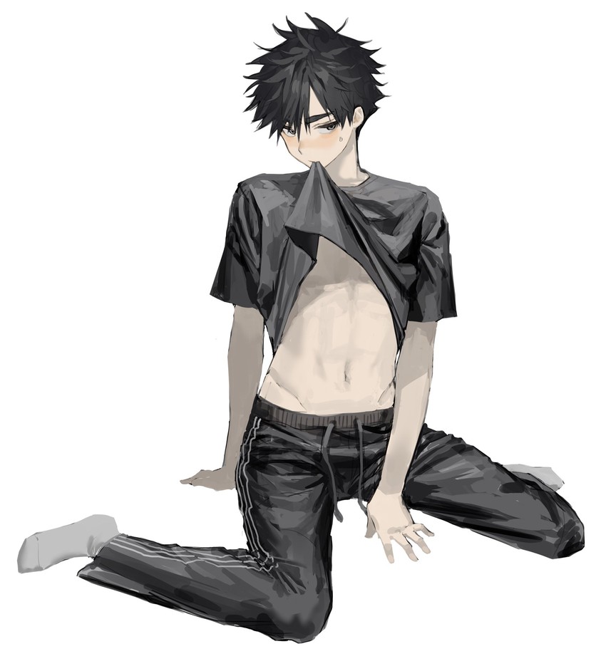 1boy, bad_id, bad_twitter_id, black_eyes, black_hair, black_pants, black_shirt, blush