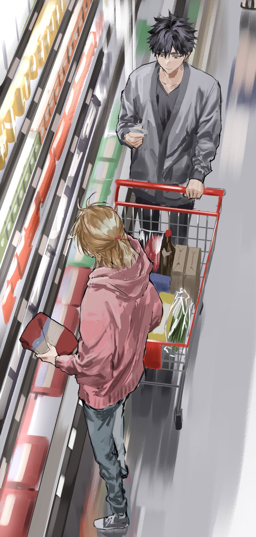 2boys, baek_eunyeong, black_eyes, black_hair, black_pants, black_shirt, blonde_hair, cardigan