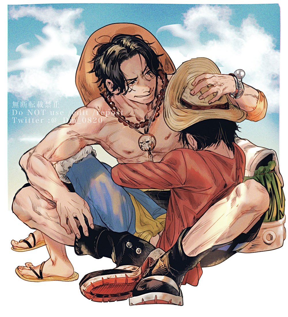 2boys, bag, black_hair, blue_shorts, boots, commentary, dm_0820, flip-flops
