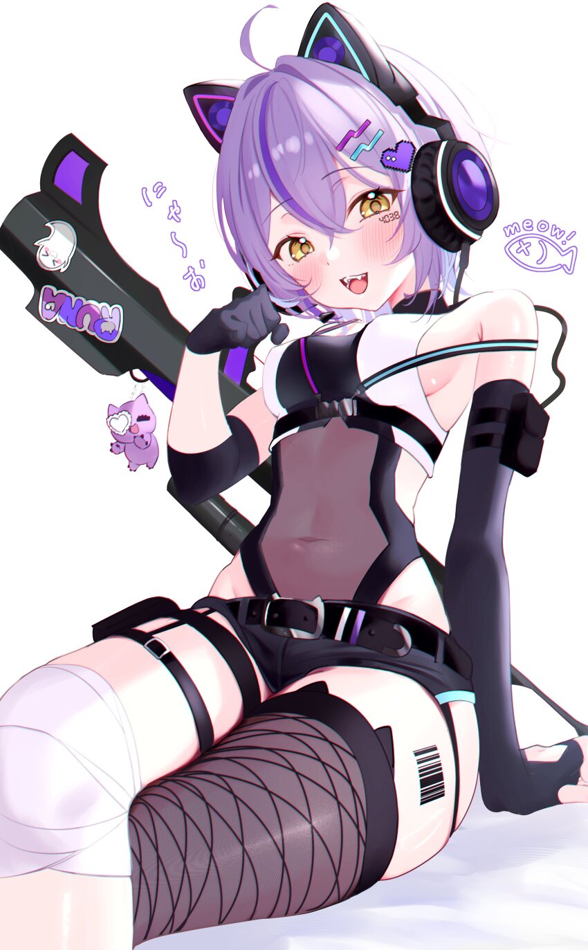 1girl, absurdres, ahoge, animal_ear_headphones, animal_ear_legwear, animal_ears, arm_pouch, arm_support