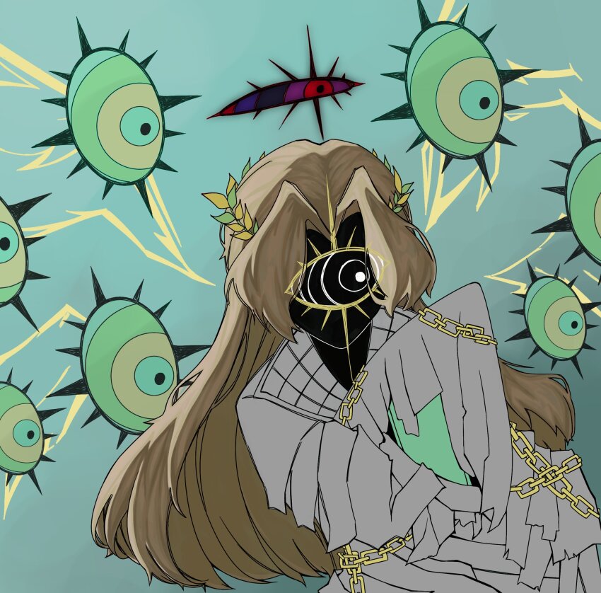 angel, black_skin, brown_hair, chain, colored_skin, disembodied_eye, e.g.o_(project_moon), evil_eyes, highres, jacket, laurel_crown, limbus_company, long_hair, looking_to_the_side, monster_girl, multicolored_eyes, one-eyed, project_moon, pursuance_(e.g.o), rodion_(project_moon), simple_background, taegwonsonyeo, white_jacket