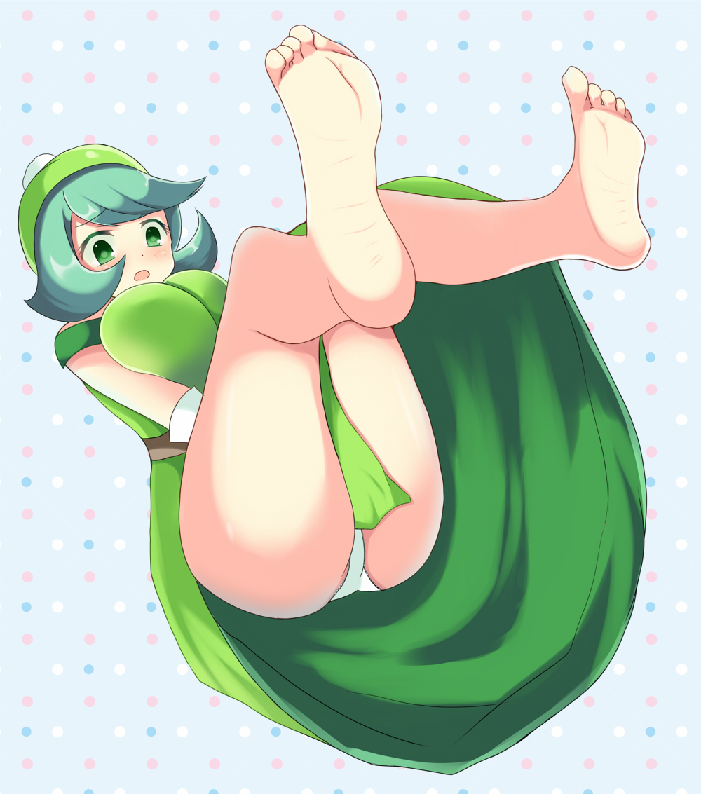 1girl, ass, blush, breasts, dress, embarrassed, gloves, green_dress