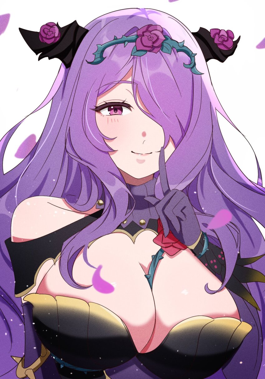 1girl, armor, black_armor, breasts, camilla_(fire_emblem), camilla_(resplendent)_(fire_emblem), cleavage, fake_horns