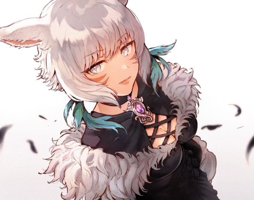 1girl, animal_ears, black_choker, black_dress, breasts, brooch, cat_ears, choker