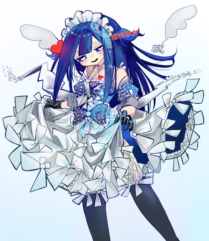 1girl, black_gloves, black_thighhighs, blue_bow, blue_hair, bow, detached_sleeves, dress
