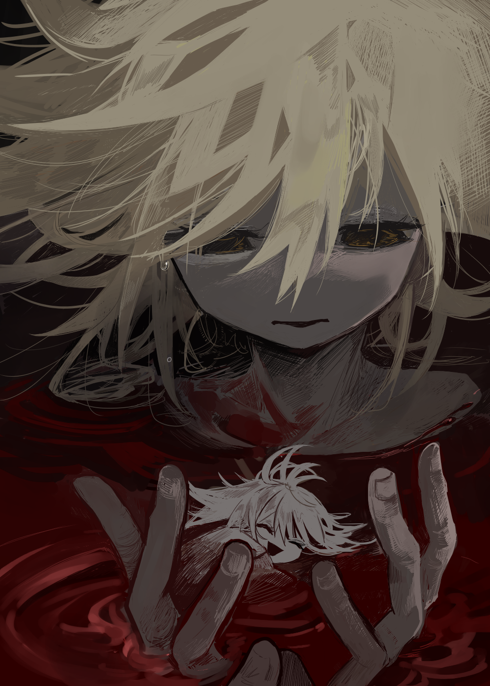 1boy, :d, blood, closed_eyes, empty_eyes, frill_inferno, hair_between_eyes, highres