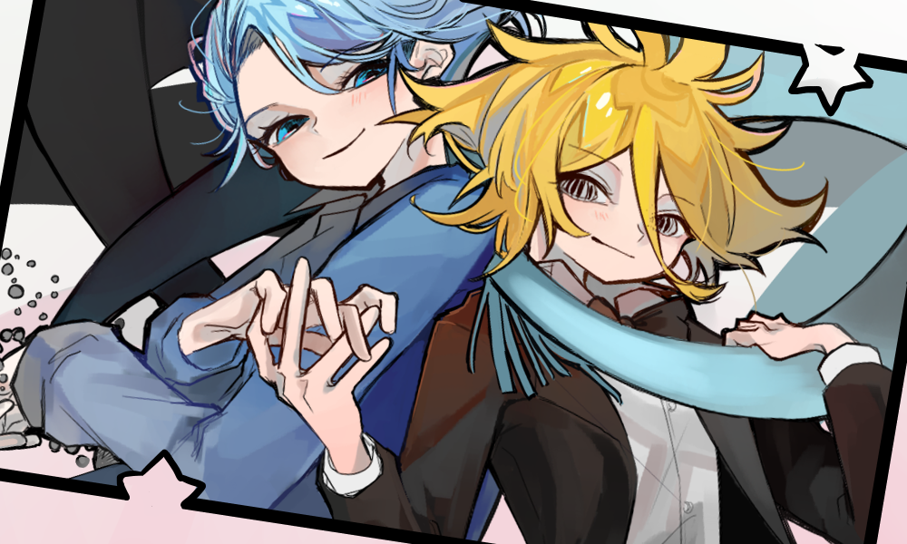 2boys, black_suit, blonde_hair, blue_eyes, blue_hair, blue_scarf, brothers, formal_clothes, frill_inferno, hair_between_eyes, holding_hands, long_sleeves, male_focus, multiple_boys, otogami_sorachika, pppppp, scarf, shirt, siblings, smile, sonoda_lucky, suit, symbol-shaped_pupils, upper_body, white_shirt