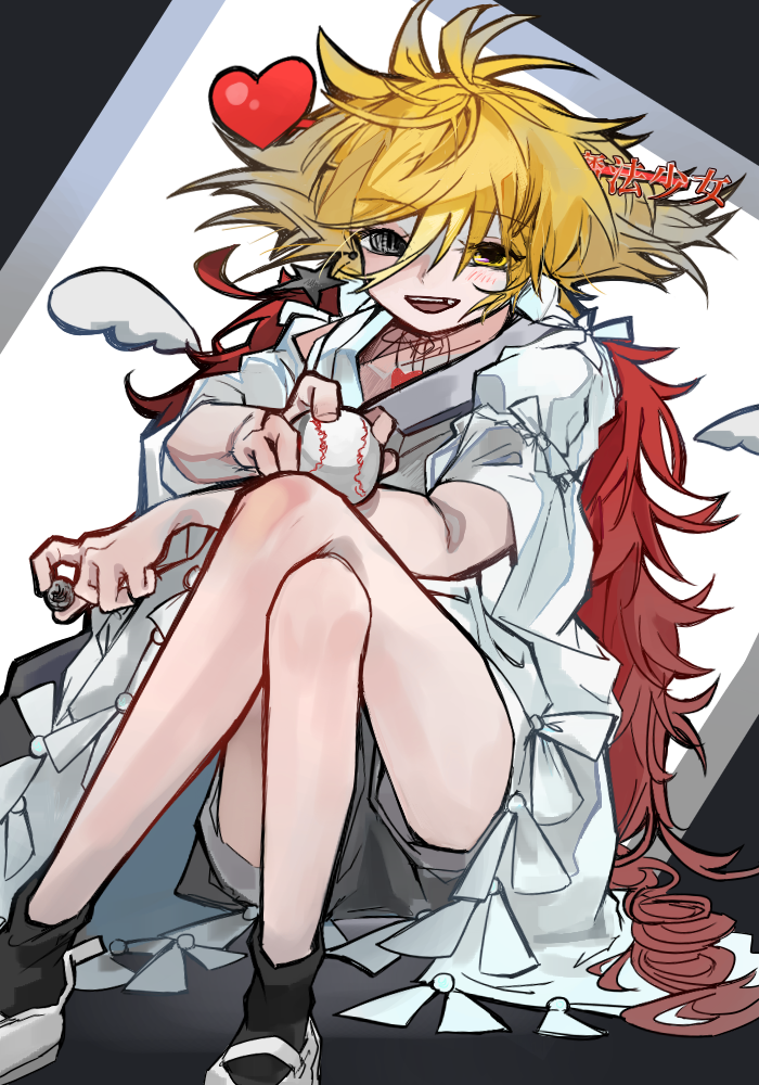 1boy, :d, ball, baseball_(object), black_socks, cape, cosplay, crossed_legs