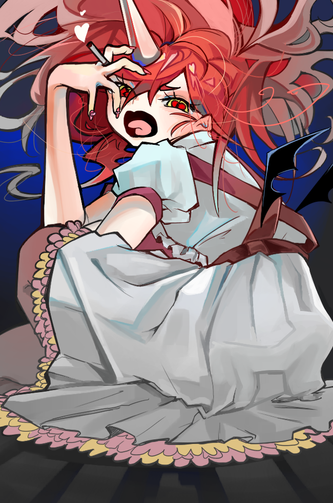 1girl, :o, character_request, cigarette, colored_sclera, dress, frill_inferno, hand_up, horns, long_hair, pantyhose, pink_nails, red_eyes, red_hair, short_sleeves, sitting, solo, tai_sekaiyou_mahou_shoujo_tsubame, tongue, tongue_out, very_long_hair, white_dress, wings, yellow_sclera