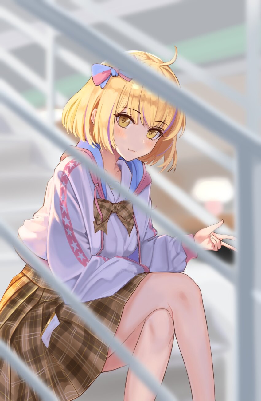 1girl, absurdres, ahoge, bare_legs, blonde_hair, blue_bow, blurry, blurry_background