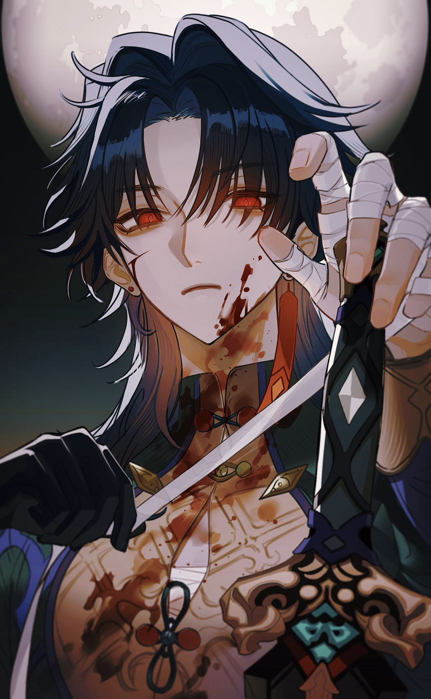 1boy, absurdres, bandage_pull, bandaged_chest, bandaged_fingers, bandaged_hand, bandages, black_gloves