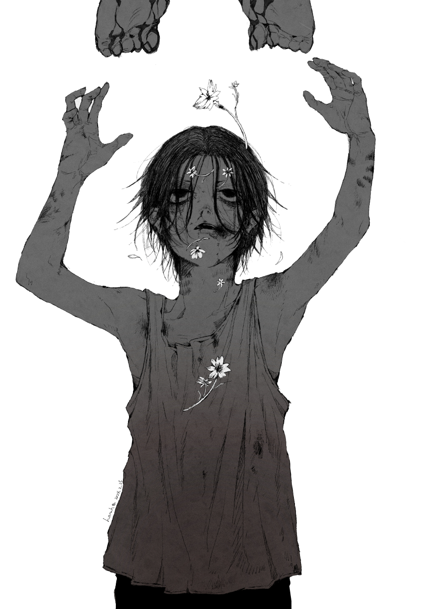 1boy, absurdres, aged_down, arms_up, bags_under_eyes, black_hair, bruise, character_request, check_character, corpse, flower, greyscale, haruho_drst, highres, injury, kagurabachi, male_focus, monochrome, shirt, soujou_genichi, white_background