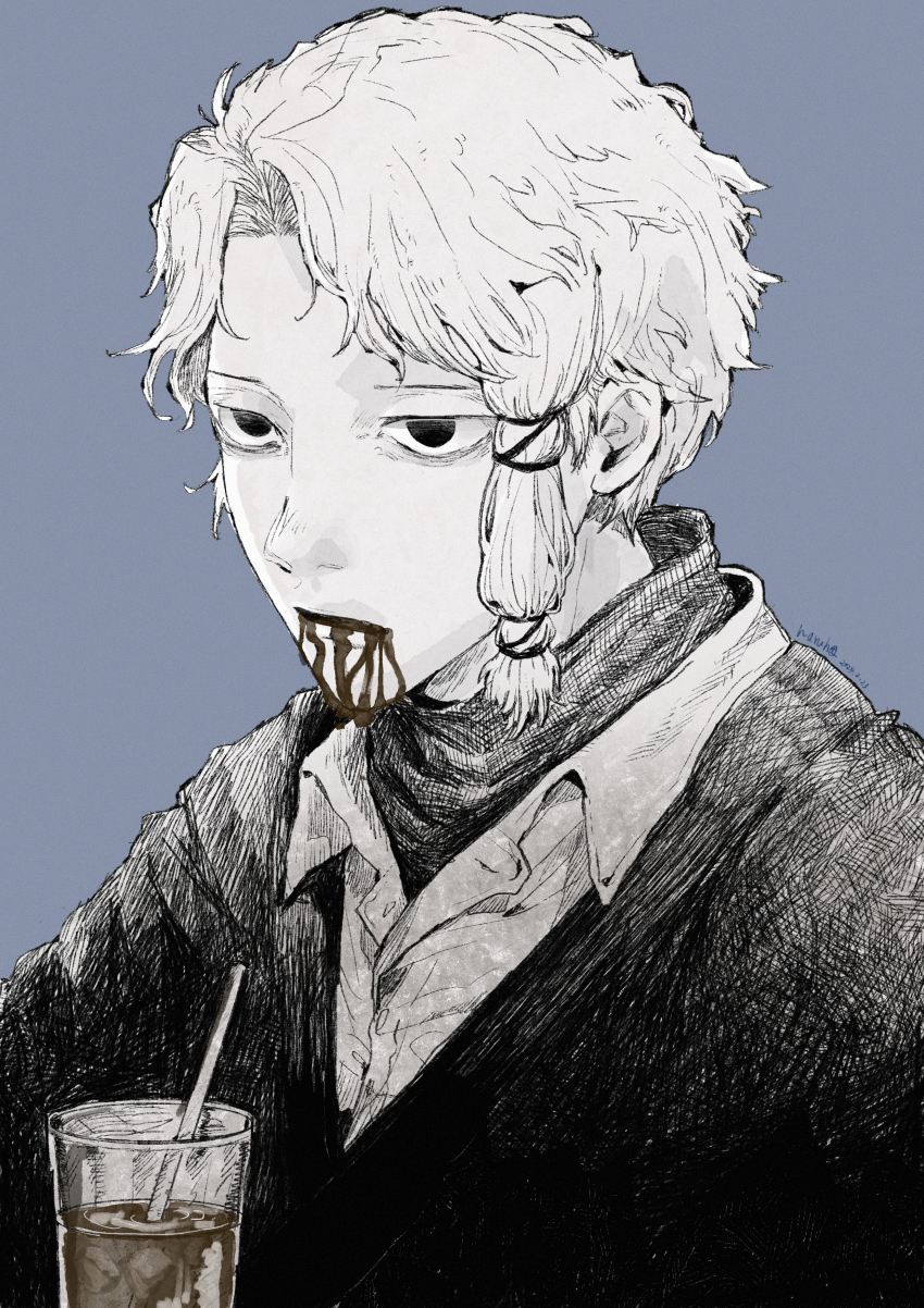 1boy, absurdres, dated, drink, drinking_straw, empty_eyes, grey_background, haruho_drst