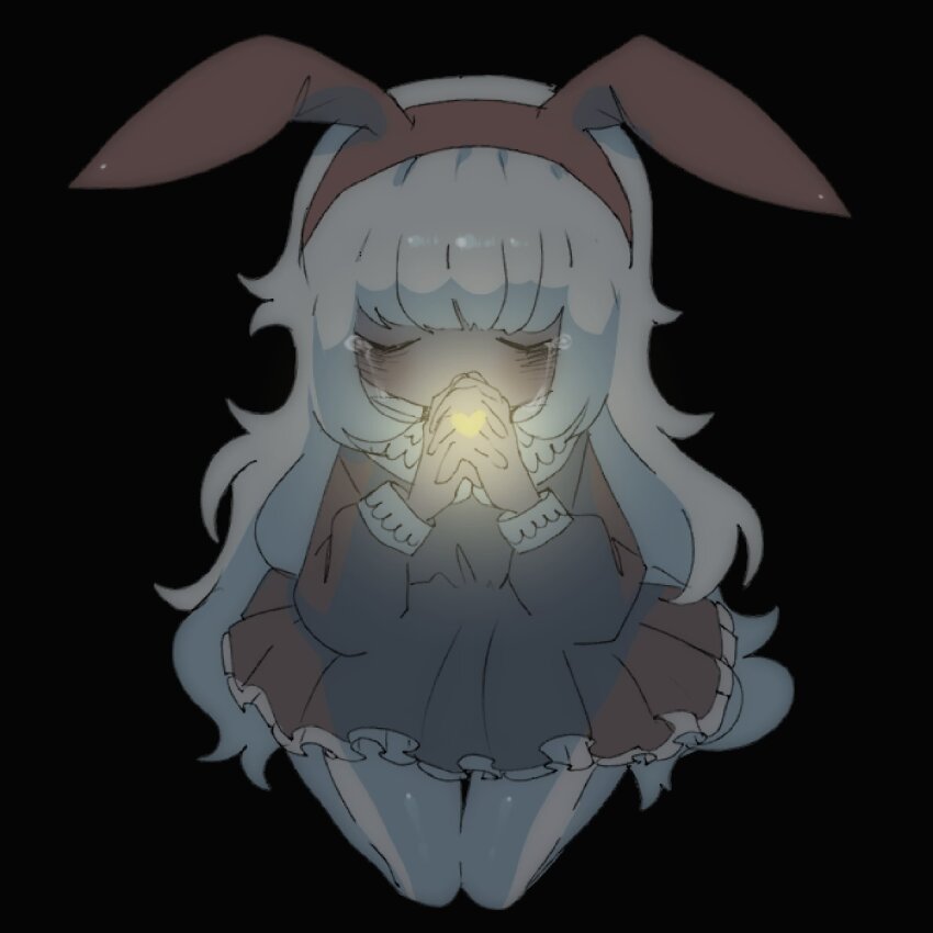 1girl, angel_(candyseru), animal_ears, bags_under_eyes, black_background, black_dress, black_hairband, blonde_hair, blunt_bangs, closed_mouth, collared_dress, crying, deliriumcenter, dress, fake_animal_ears, frilled_dress, frills, glowing_heart, hairband, heart, highres, light, long_hair, long_sleeves, original, own_hands_clasped, own_hands_together, praying, rabbit_ears, sidelocks, simple_background, sitting, solo, tears, thighs, very_long_hair, wariza