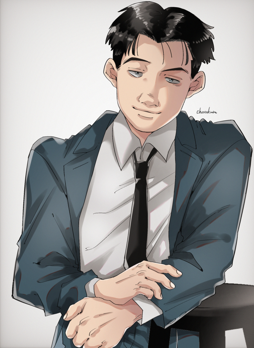 1boy, artist_name, black_hair, black_necktie, chocokuru_(pikupikupikuminn), formal_clothes, grey_suit, highres