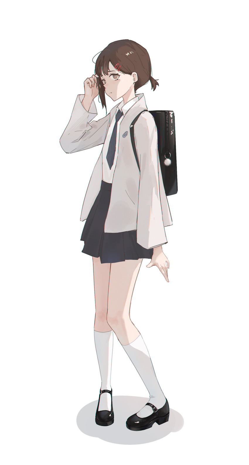1girl, absurdres, adjusting_hair, backpack, bag, brown_eyes, brown_hair, chainsaw_man, full_body, hair_ornament, hairclip, higashiyama_kobeni, highres, mole, mole_under_eye, necktie, p1wen, pleated_skirt, ponytail, school_uniform, short_ponytail, simple_background, skirt, solo, white_background