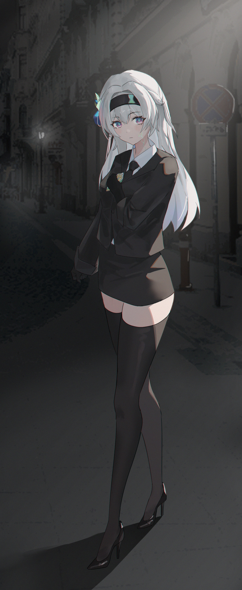1girl, absurdres, black_necktie, black_thighhighs, blush, business_suit, closed_mouth, cracked_skin