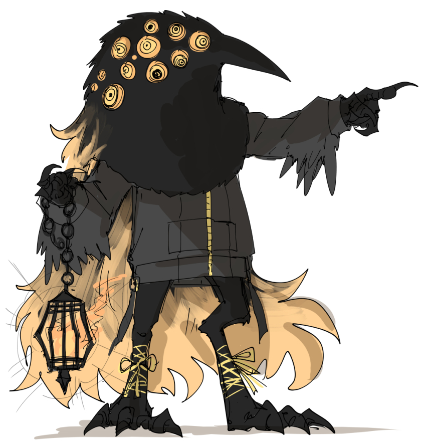 1girl, big_bird_(project_moon), black_coat, capelet, coat, e.g.o_(project_moon), extra_eyes, fire