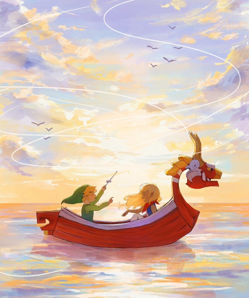 1boy, 1girl, :d, arms_up, bandana, bird, blonde_hair, blue_jacket