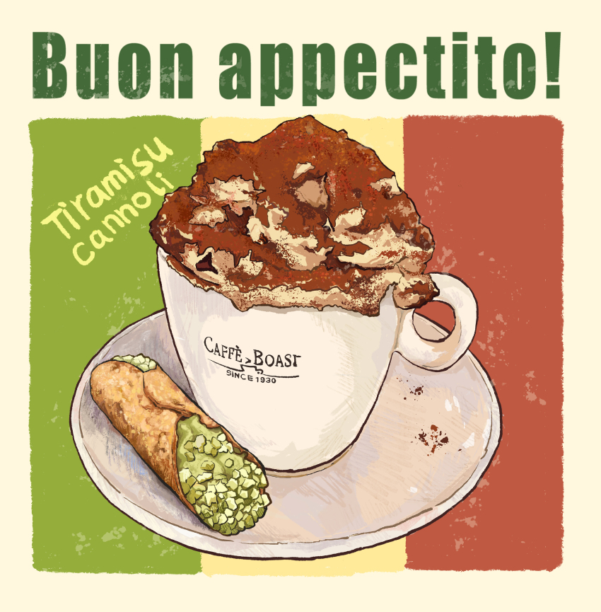 bukepan_menpou, cannoli, coffee, coffee_mug, cup, food, food_focus, food_name, highres, italian_flag, italian_text, mug, no_humans, original, saucer, tiramisu