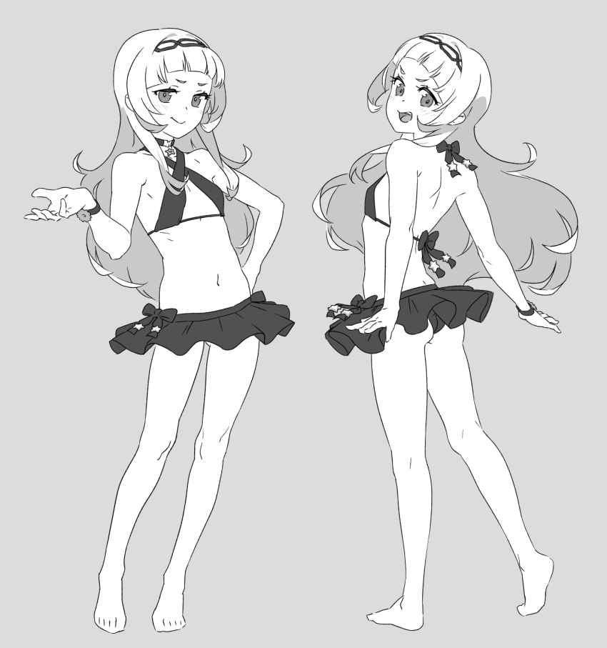 1girl, arched_back, ass, barefoot, bikini, bikini_skirt, blunt_bangs, bracelet