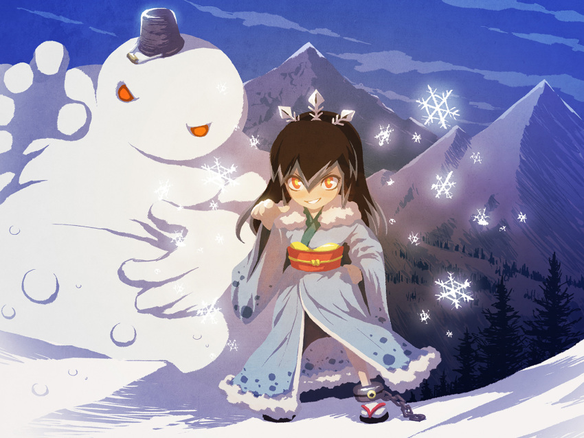 1girl, black_hair, cuffs, fur-trimmed_kimono, fur_trim, goku_fubukihime, grin, hand_on_own_hip