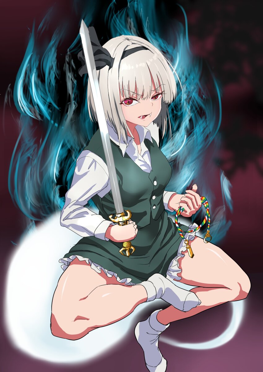 1girl, absurdres, acala, aura, black_hairband, black_ribbon, blue_aura, breasts