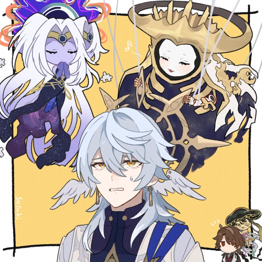 2boys, 3others, adjusting_halo, artist_name, beard_stubble, black_dress, blue_hair, border