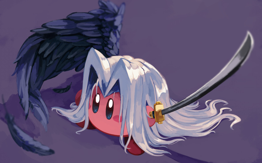 absurdres, black_wings, blush_stickers, commentary, copy_ability, cosplay, crossover, deleca7755, feathers, final_fantasy, final_fantasy_vii, grey_hair, hal_laboratory, highres, holding, holding_sword, holding_weapon, kirby, kirby_(series), looking_at_viewer, masamune_(ff7), nintendo, purple_background, sephiroth, sephiroth_(cosplay), single_wing, solid_oval_eyes, solo, super_smash_bros., sword, weapon, wings