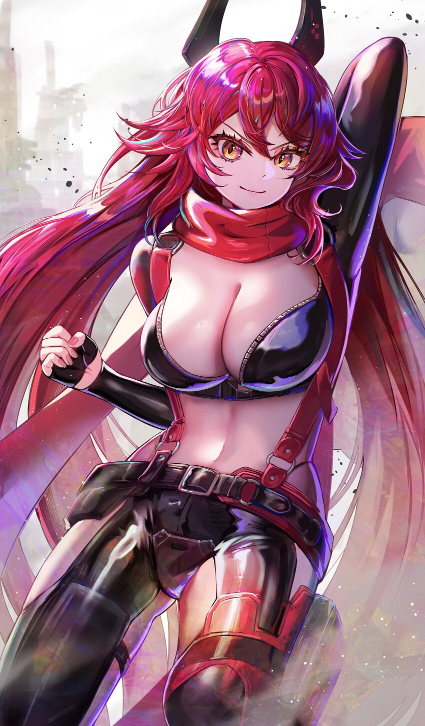 1girl, absurdres, arm_up, belt, black_belt, black_gloves, black_jacket, black_pants