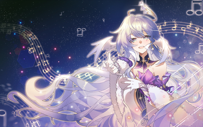 1girl, :d, acsuck, bare_shoulders, commentary, detached_sleeves, facial_mark, gloves